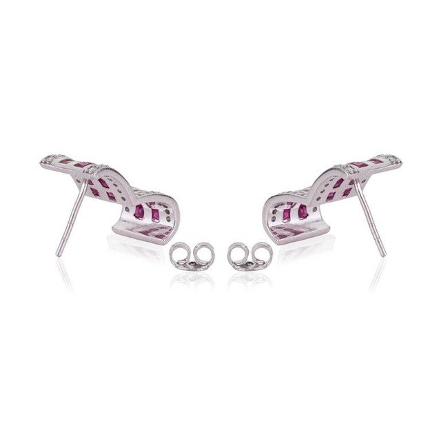 Contemporary Geometric Ruby & Diamond Hoop Earrings in 925 Sterling Silver, A Pair For Sale - Image 6 of 14
