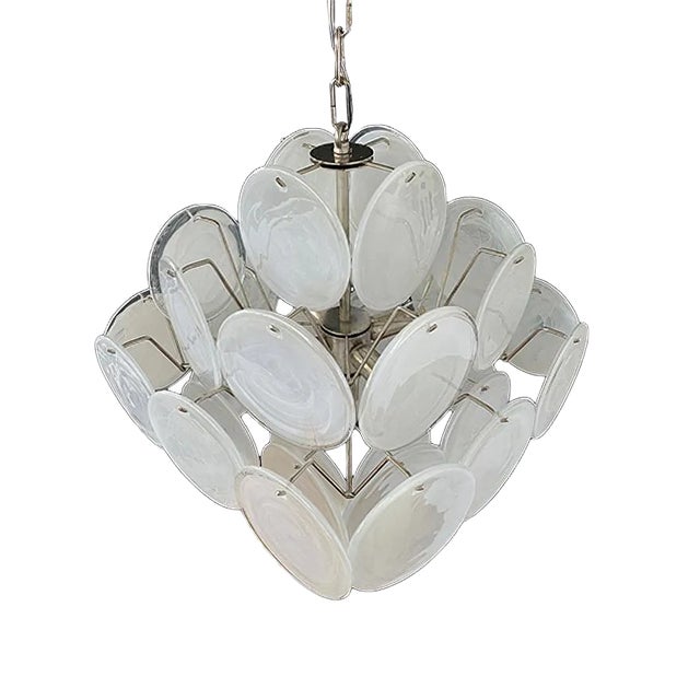 Vintage Italian Murano Chandelier with 36 White Disks, 1979 For Sale