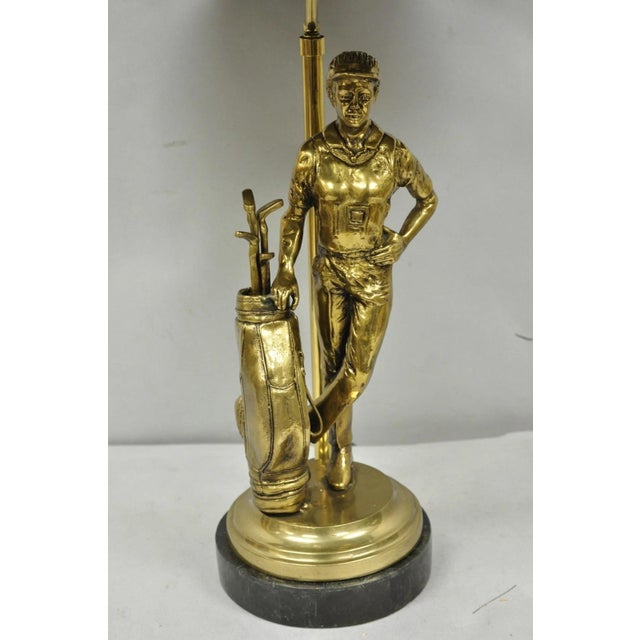 Modern Vintage Maitland Smith Bronze Figure Golfer Sculpture Table Lamp W Leather Shade For Sale - Image 3 of 18