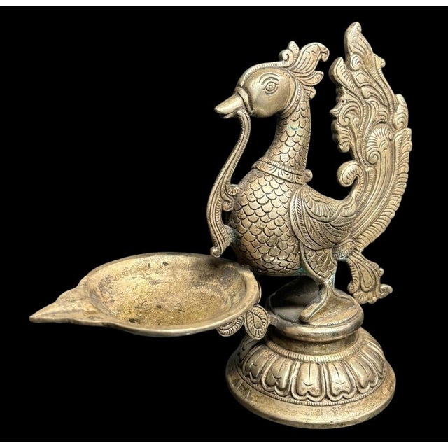 Metal Mid Century Indian Brass Tin Ceremonial Oil Lamp Swan Bird Yali, South India Hand Made For Sale - Image 7 of 10