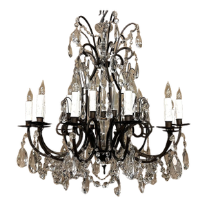Antique French Wrought Iron & Crystal Chandelier