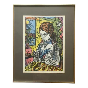 Mid 20th Century "Bluebird" Original Expressionist Figurative Lithograph by Irving Amen, Framed