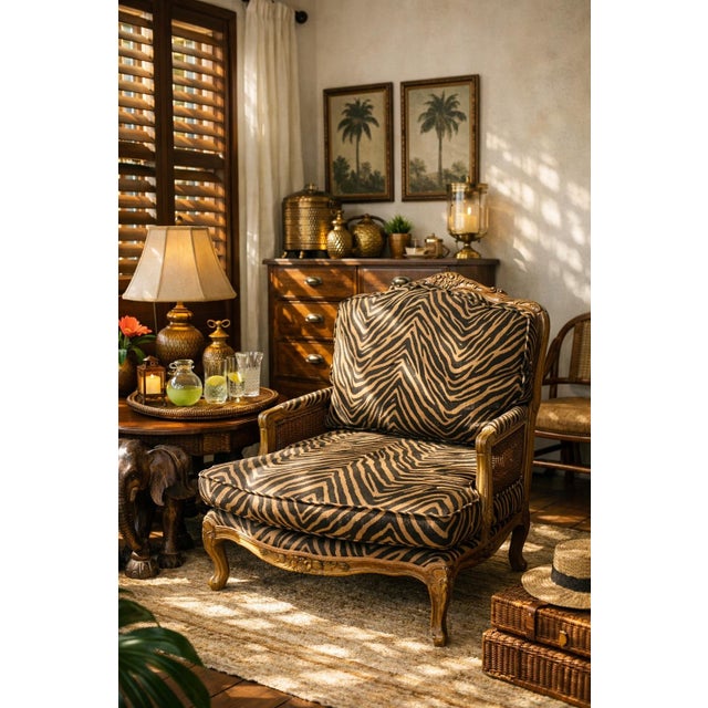 1980s Large Vintage French Bergere Armchair in Zebra / Animal Print – Palm Beach Regency, Ralph Lauren or Grandmillennial Statement Piece! See Pics! For Sale - Image 5 of 12