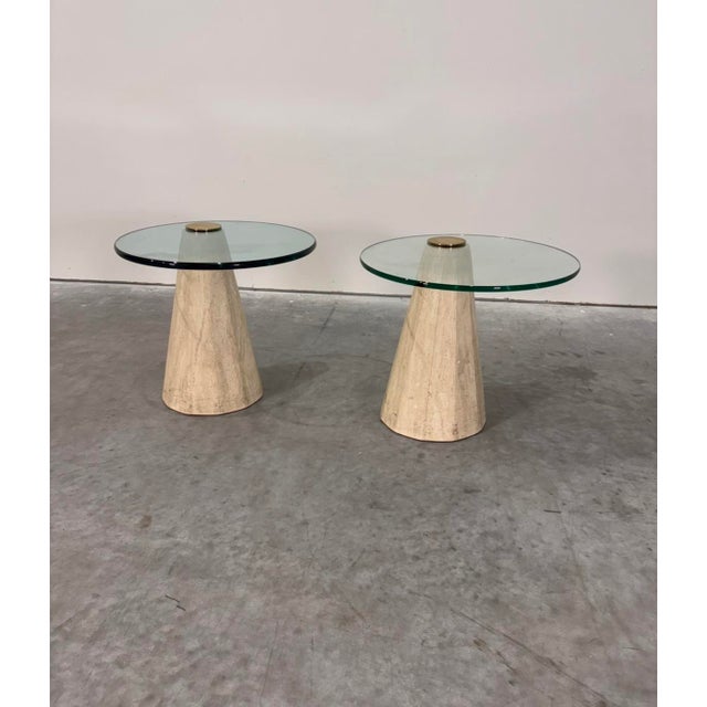 Italian brutalist travertine, brass, and glass side tables. Perfect, minimalist accent that can blend with a number of...