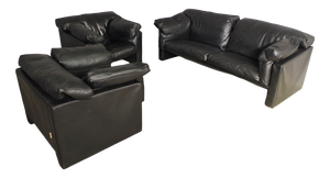 Moroso Sofa & Armchairs in Black Leather, 1984, Set of 3