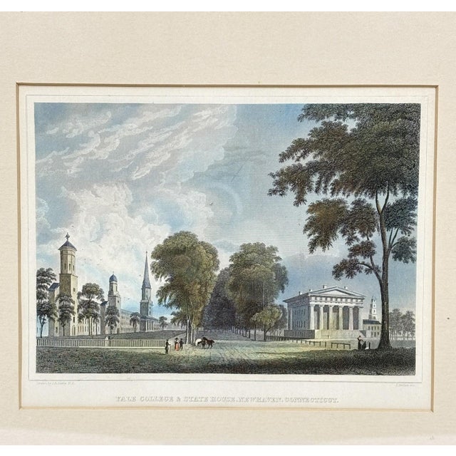 Antique Hand-Colored Steel Engraving: "Yale College & State House, New Haven, Connecticut" (C. 1831) Reproduction For Sale - Image 4 of 11