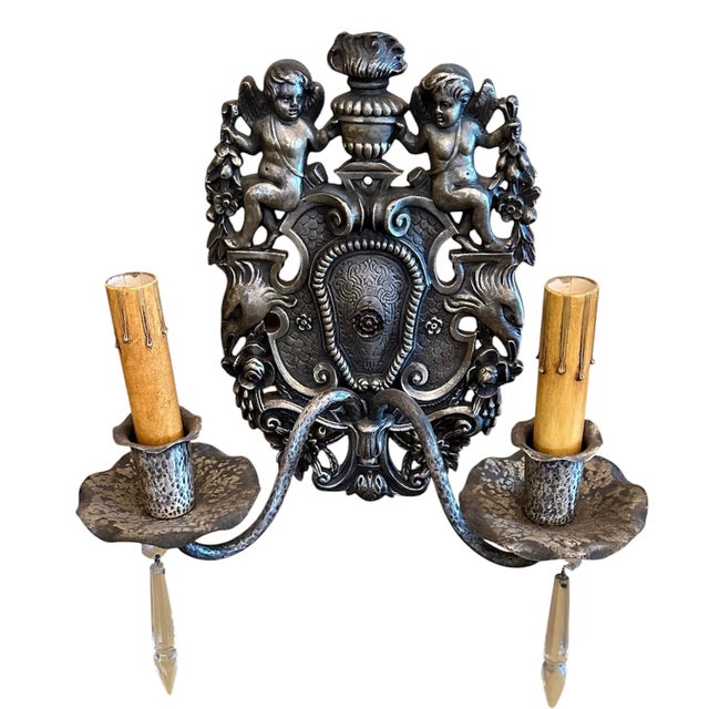Silver 1910s Neoclassical Brass With Original Silvery With Ornate Central Urn Crest Flanked by Cherubs - Pair For Sale - Image 8 of 8