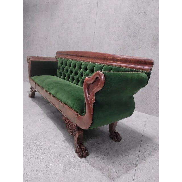 Modern Antique Empire Style Mahogany Swan Grecian Sofa Newly Reupholstered in a Green Velvet For Sale - Image 3 of 8