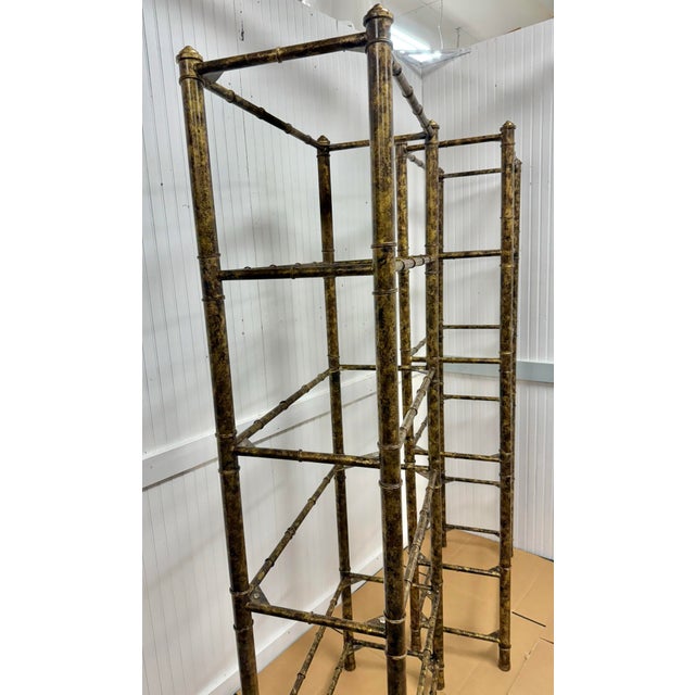 Stunning Pair of Vintage Mid-Century Tole Faux Bamboo Bookcase Etergeres in a Faux Tortoise Shell Finish - Newly Painted For Sale - Image 4 of 12