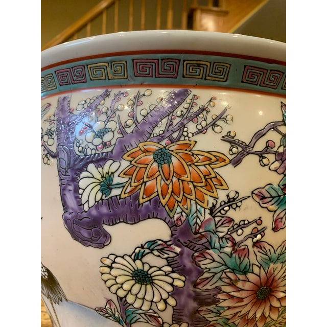 Large Mid-Century Chinese Export Colorful Hand Painted Cranes Flowers Fish Bowl Planter Cachepot For Sale - Image 12 of 12