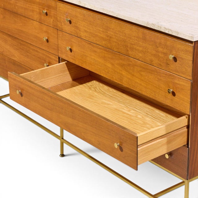 Paul McCobb for Calvin Irwin Collection Mid Century Mahogany, Brass and Travertine Double Dresser For Sale In Chicago - Image 6 of 8
