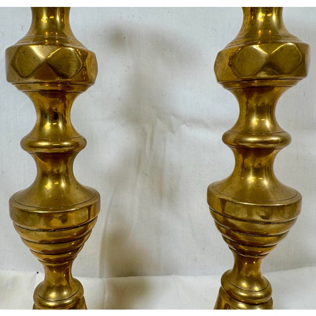 Antique Pair of 19th Century Square Based Brass Push-Up Candlesticks From England For Sale In Dallas - Image 6 of 12