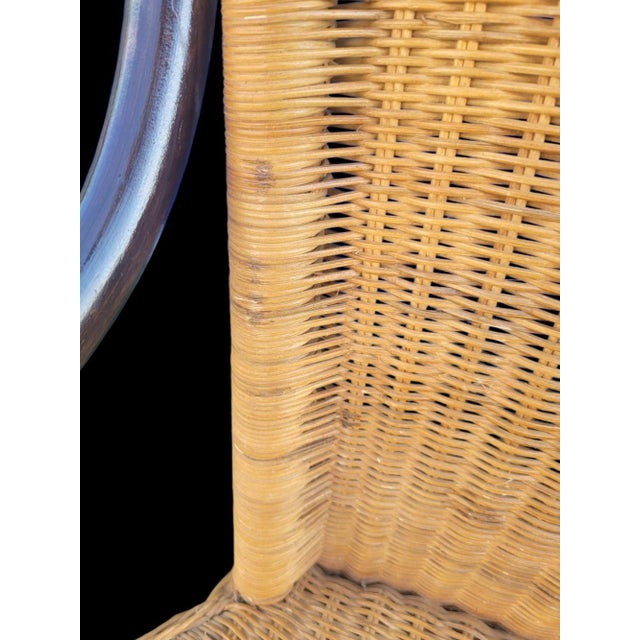 English Vintage Wicker Dark Bent Wood British Colonial Coastal Rocking Chair For Sale - Image 3 of 8