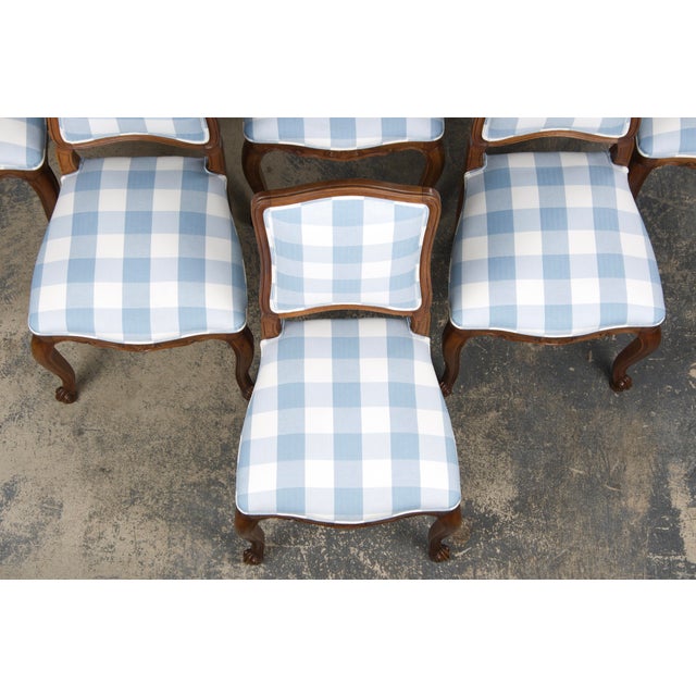 19th Century French Louis XV Style Walnut Dining Chairs in Light Blue Plaid - Set of 8 For Sale - Image 4 of 12