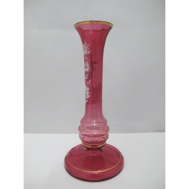 Art Nouveau Mary Gregory Czech Red Glass Painted Enamel Boy With Bird Skinny Bud Vase For Sale - Image 3 of 10