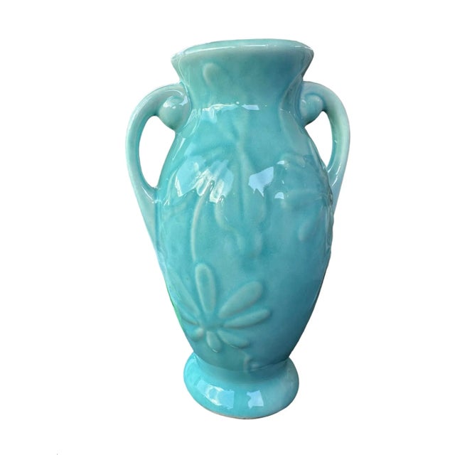 Aqua Vintage Blue Vase Shawnee Pottery Handled For Sale - Image 8 of 10