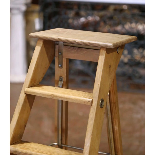 French Mid-Century French Solid Pine Folding Six-Step Ladder For Sale - Image 3 of 13