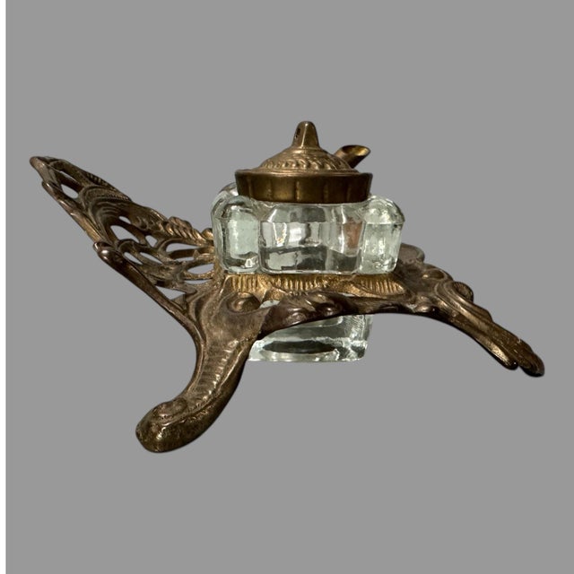Vintage Antique Victorian Art Nouveau Style Gilt Metal Inkwell Stand In good original condition showing some typical age-...