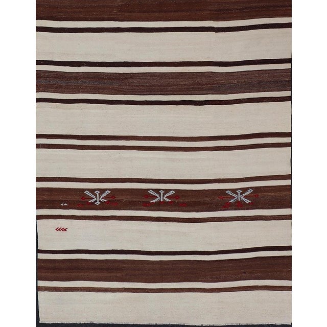 Tribal Turkish Vintage Flat-Weave in Shades of Brown and Ivory With Stripe Design For Sale - Image 3 of 10