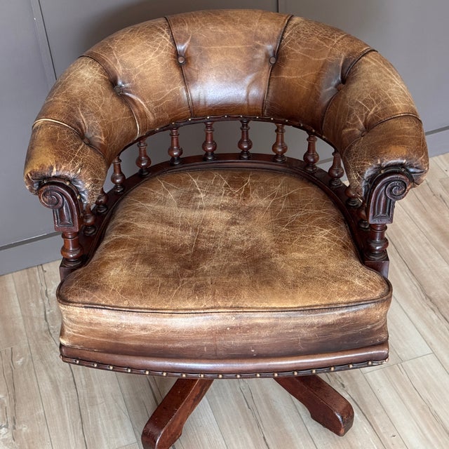 Wood Mid 19th Century English Mahogany and Leather Swivel Desk Chair For Sale - Image 7 of 12