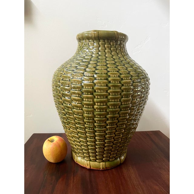 Mediterranean Mid 20th C. Embossed Basket-Weave Ceramic Green Vessel For Sale - Image 3 of 8