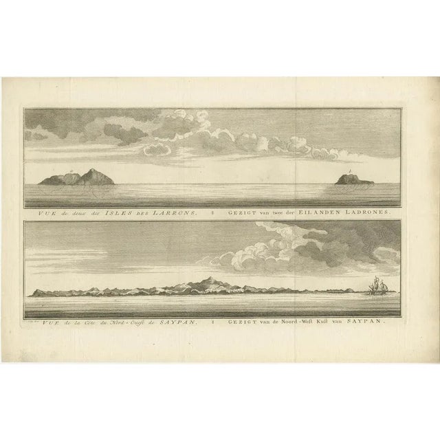 Antique print titled 'Vue de deux des Iles des Larrons - Gezigt van twee der Eilanden Ladrones (\.)'. View of two Ladrones...