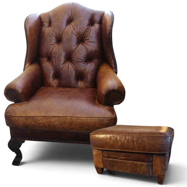 Vintage Zagaroli Chesterfield Hairy Claws Wingback Leather Chair & Ottoman For Sale - Image 12 of 12