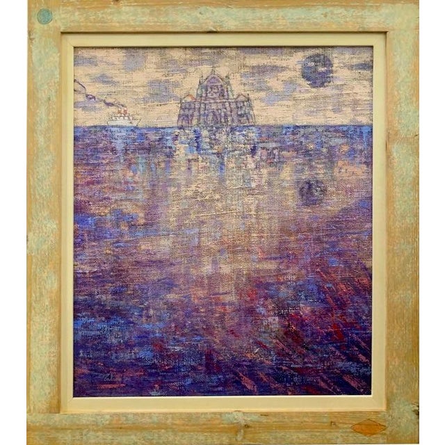 On a wide expanse of violet and deep-blue sea, a cathedral rises from the water as though the ocean itself has conjured...