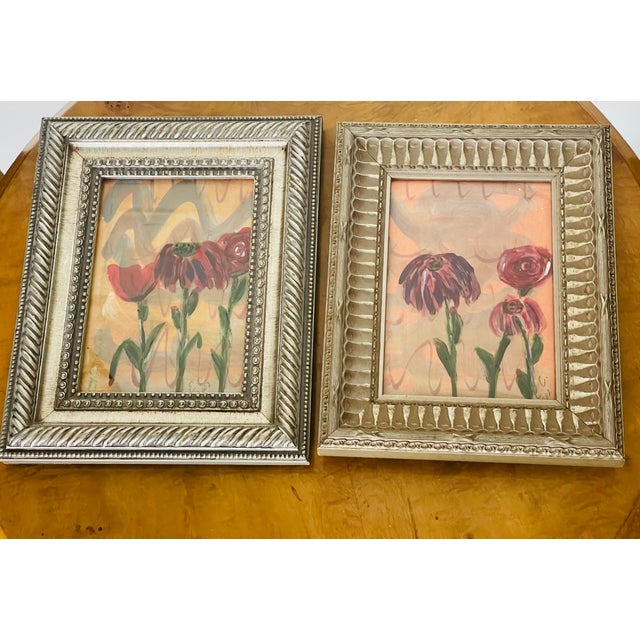 Abstract 1970s Pair Abstract Modern Floral Small Paintings Framed For Sale - Image 3 of 7