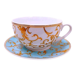 1970s Grace's Teaware Large Tea Cup & Saucer Blue Gold Paisely Floral Scrolls Regency