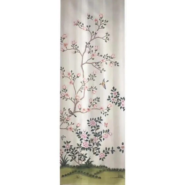 Paper Pink Peony Chinoiserie Mural Hand Painted Wallpaper 36"w X 96" Panel For Sale - Image 7 of 10