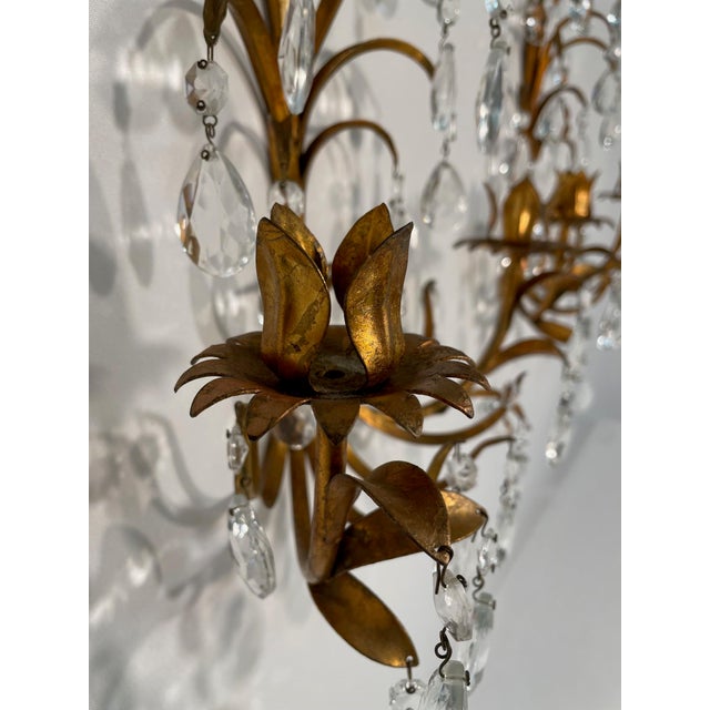 Vintage 19.5" Italian Tole and Crystals Candle Sconces - A Pair For Sale - Image 6 of 17