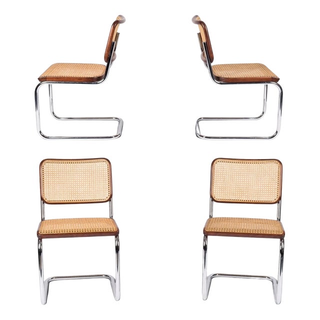 Model S32 Dining Chair with Woven Cane and Brown Wood Frame by Marcel Breuer for Thonet, 1981, Set of 4 For Sale