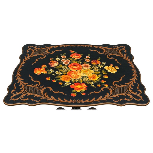 English Vintage Hand-Painted Floral Ebonized Tilt-Top Table | Scalloped Top & Pedestal Base For Sale - Image 3 of 5