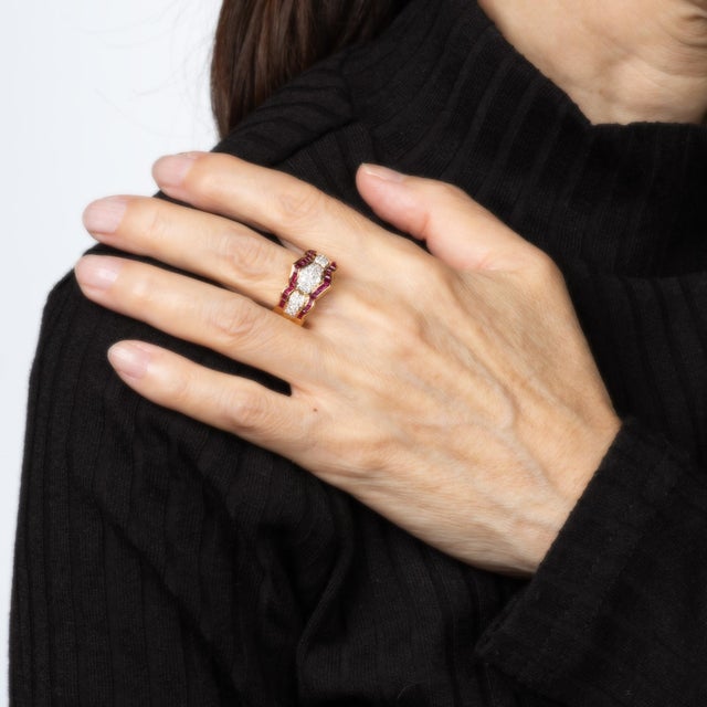 80s Diamond Ruby Ring Sz 6.5 Wide Band Vintage 18k Yellow Gold Fine Jewelry For Sale In Los Angeles - Image 6 of 7