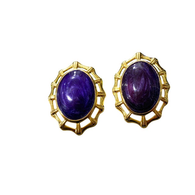 Vintage Clip-On Large Oval Purple &amp; Gold Tone Chunky Earrings Retro Statement These earrings measure about 1.75" H by...