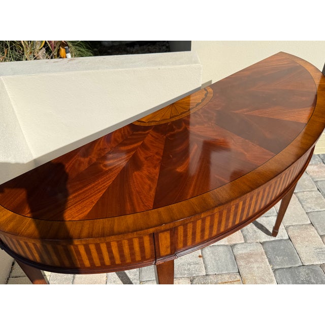 Ethan Allen Hepplewhite Style Inlaid Mahogany Demilune Console Table For Sale - Image 10 of 15