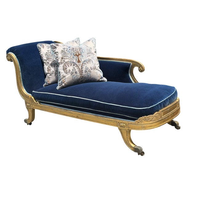 18th Century Antique 18th C Louis XVI Giltwood Chaise Fainting Couch - Sapphire Blue Mohair For Sale - Image 5 of 7