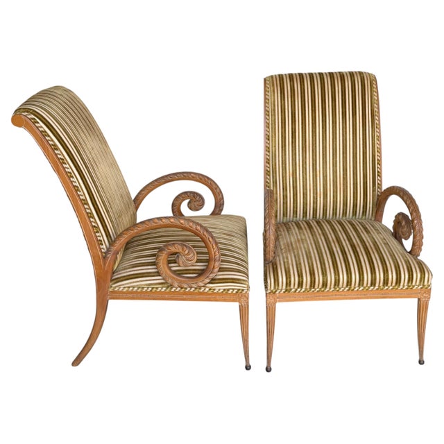 Pair of French Modern Carved Feather Scroll Arm Lounge Chairs, Style of Maison Jansen Executed in the style of Maison...