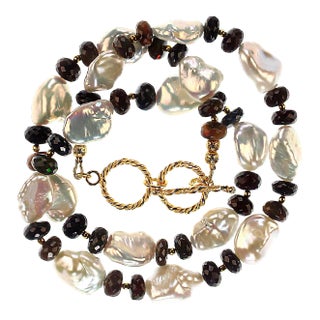 Black Opal and White Keshi Pearl Necklace For Sale