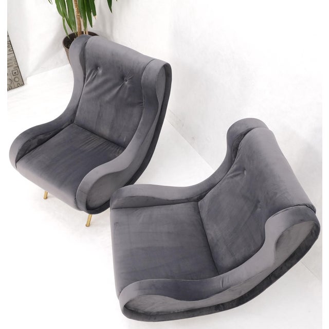 Pair Italian Mid-Century Modern Brass Legs Grey Arm Lounge Chairs For Sale - Image 15 of 17