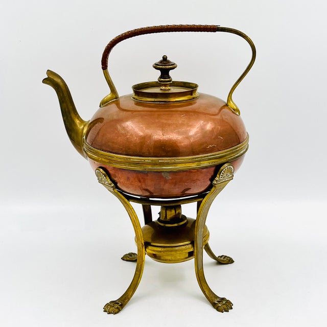 Gorham Antique 1886 Gorham Copper and Brass Kettle With Brass Lion Claw Foot Stand and Spirit Burner For Sale - Image 4 of 16