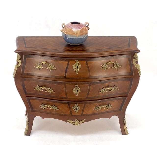 Bombe French Parquetry Top Bronze Mount Ormolu Mount 3 Drawers Dresser MINT For Sale - Image 12 of 17