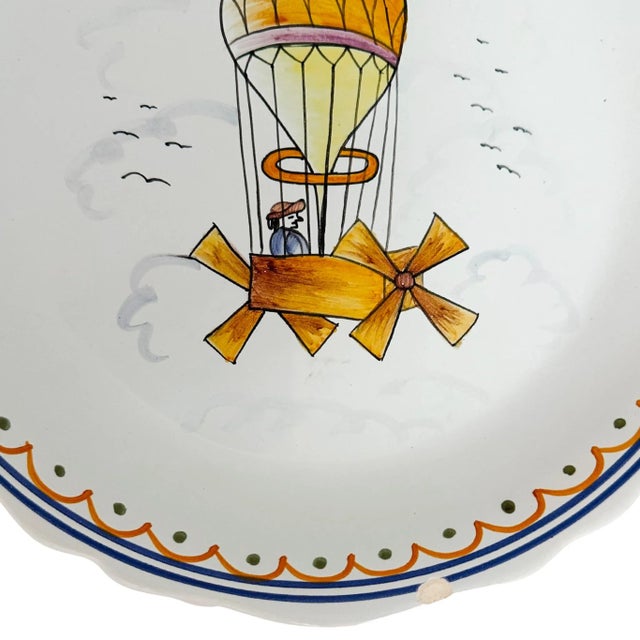 Ceramic Vintage French Faience "Voyage Dans Les Airs" Hot Air Balloon Plates - Set of 3 For Sale - Image 7 of 8
