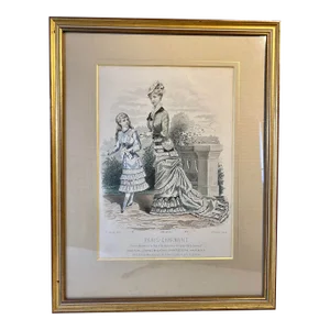 Antique Hand-Colored and Signed French Fashion Engraving - Circa 1879