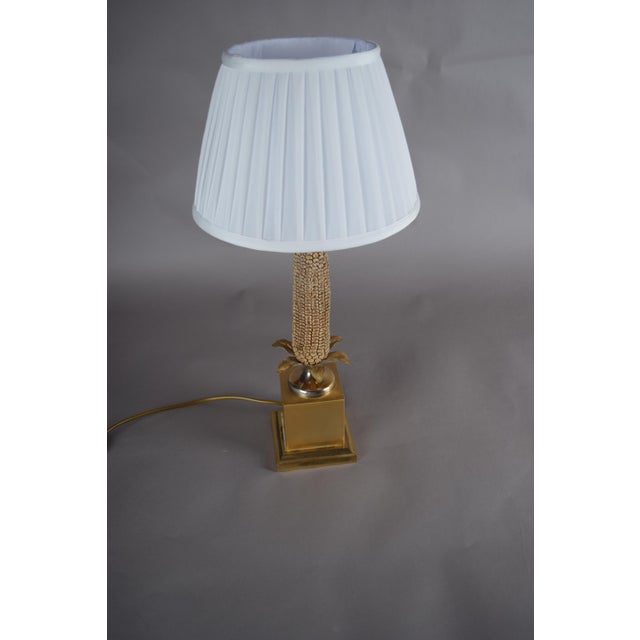 Brass Corn Table Lamp with White Pleated Shade, 1970s For Sale - Image 9 of 14