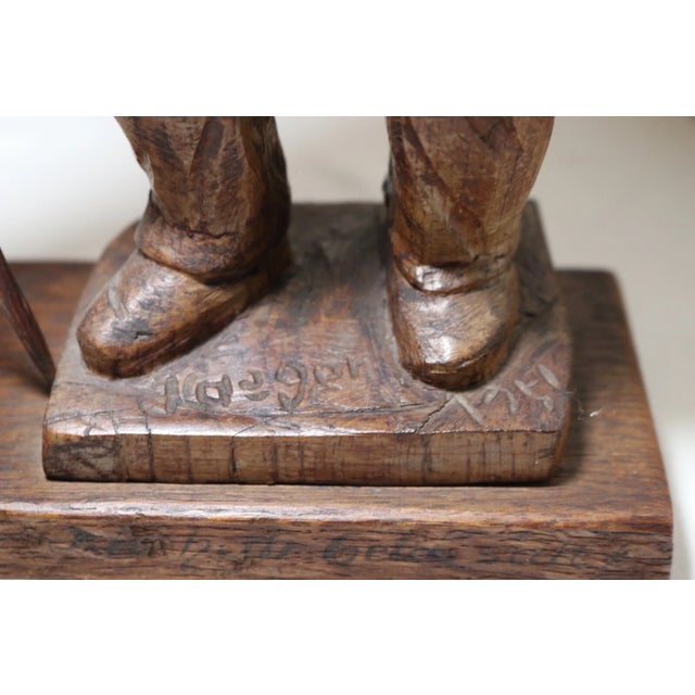 Brown Antique 1751 Folk Art Hand Carved Wood Figural Jaeger Man Sculpture Statue For Sale - Image 8 of 12