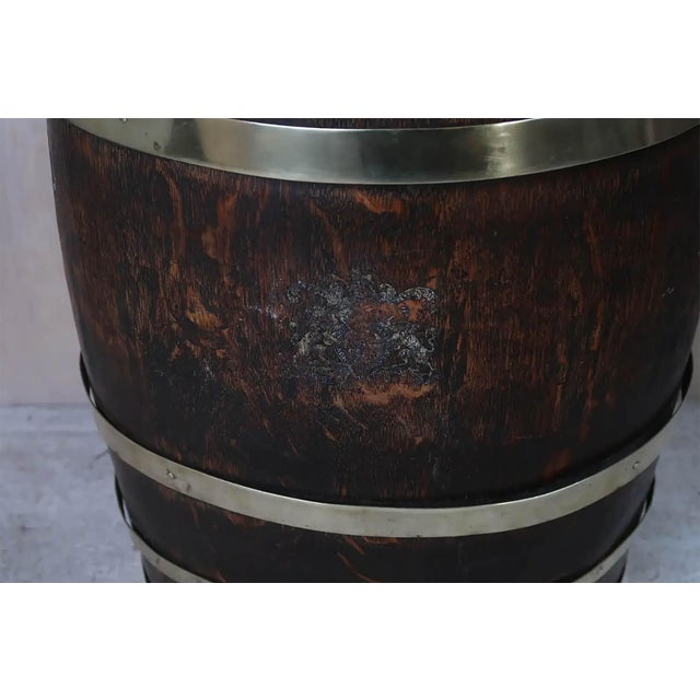 Vintage English Barrel Shaped Oak and Brass Umbrella Stand, 1920 For Sale - Image 6 of 8