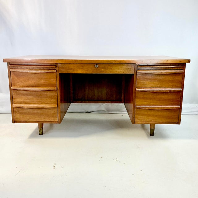 Mid-Century Modern Mid-Century Modern Boho Chic Striped Cedar Top Executive Desk For Sale - Image 3 of 17