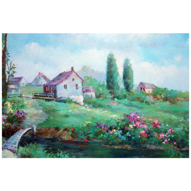 Beautiful oil landscape of a house surrounded by flowers near a river by G. Irness. Signed indistinctly lower right....